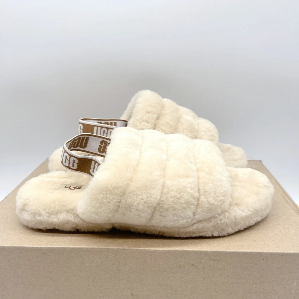 UGG Fluff Yeah Genuine Shearling Platform Slingback Sandal Slide Beige US 6 - Picture 5 of 12